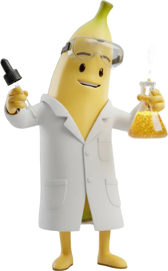Bananón científico con delantal de laboratorio, gotario y matraz