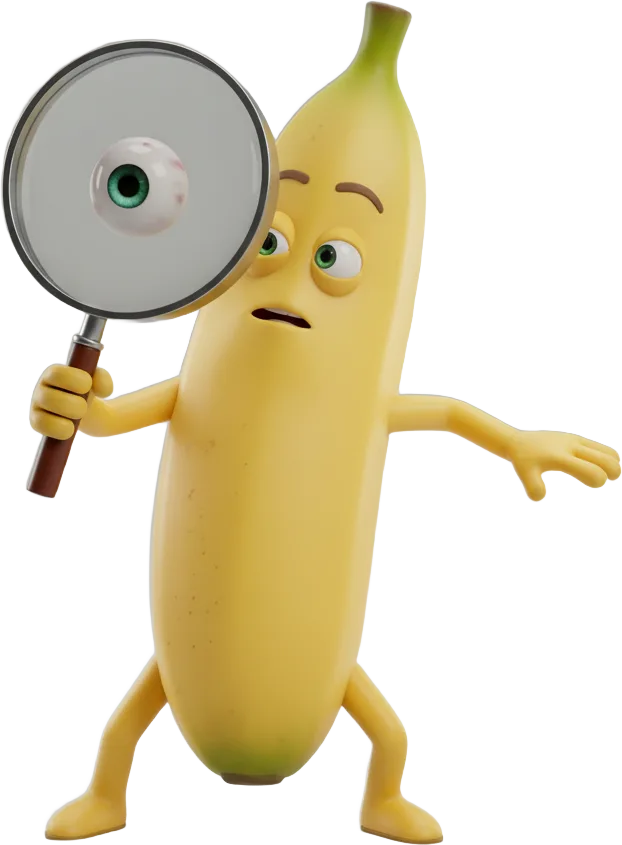 Bananón inspeccionando la calidad de los productos con una lupa