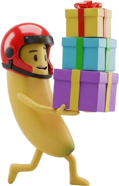 Bananón repartidor con casco cargando cajas de regalo